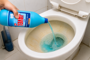 Tẩy bồn cầu bị ố vàng lâu ngày bằng nước Javel giúp loại bỏ cặn bám và vết ố cứng đầu.