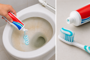 Dùng kem đánh răng để tẩy bồn cầu bị ố vàng lâu ngày, hỗ trợ làm sạch các vết ố nhẹ trên bề mặt men sứ.
