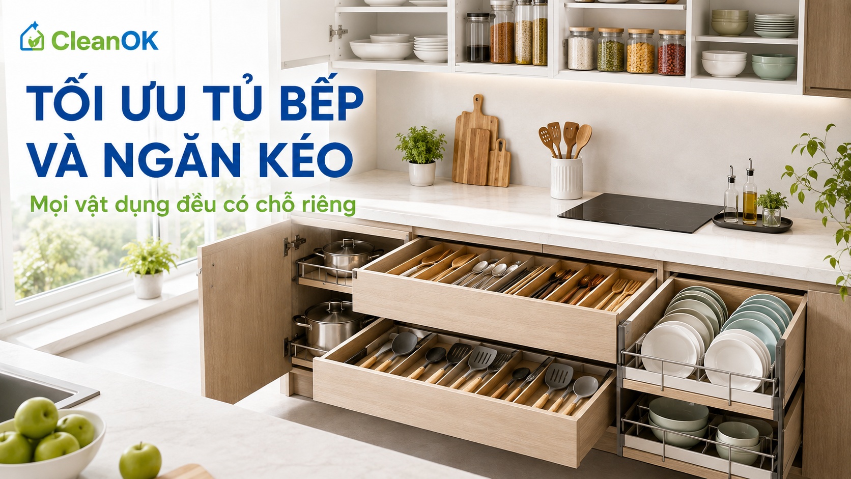 cách sắp xếp tủ bếp và ngăn kéo gọn gàng