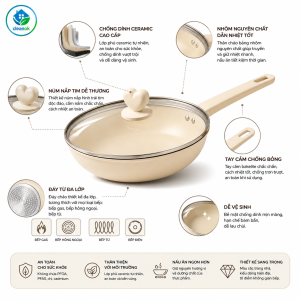 Alternative view of Chảo Chống Dính Vân Đá Ceramic CleanOK Nắp Kính Núm Trái Tim – Chảo Chiên Xào Đáy Từ Dùng Cho Mọi Loại Bếp