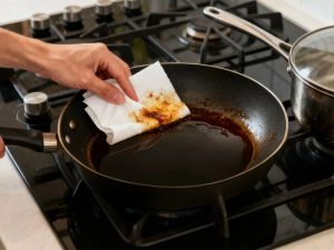Chảo chống dính bị bong tróc với lớp dầu mỡ bám trong chảo
